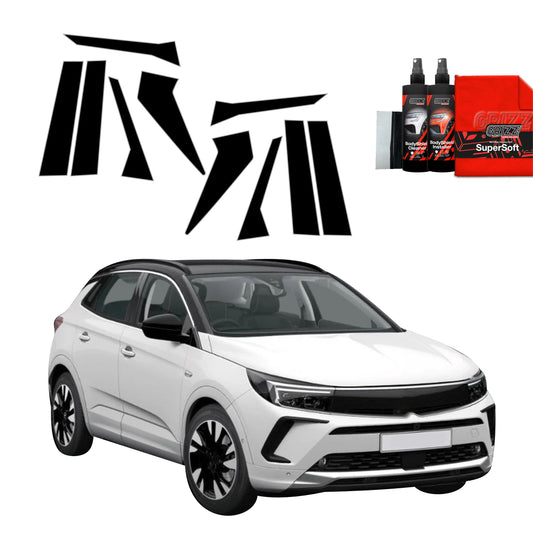 A white SUV with GrizzProtector B-C-Säule Black Film for Opel Grandland and a red cloth, plus spray bottles.