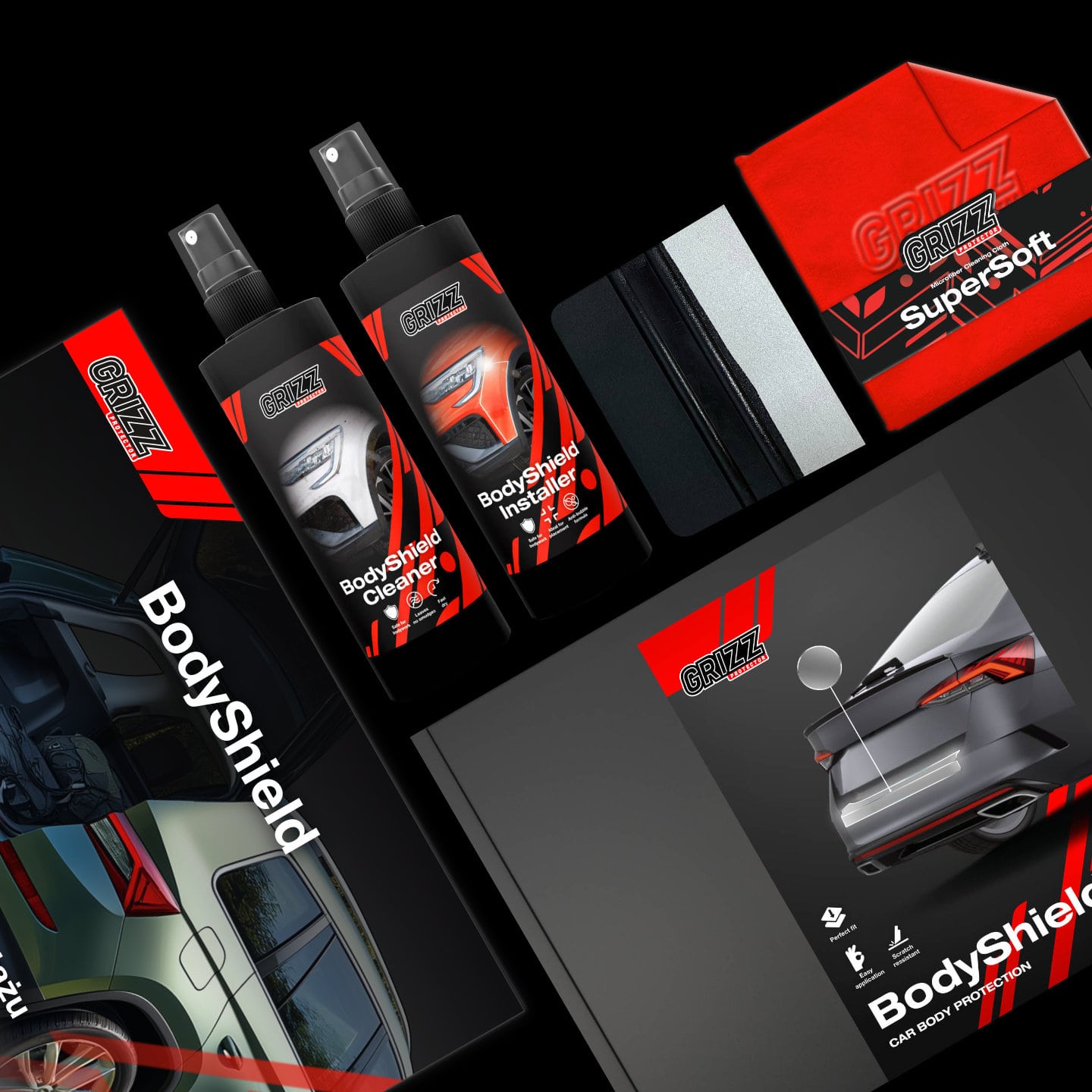 GrizzProtector 4in1 B-pillar black film kit for Skoda Octavia 3 (2017-2020) with sprays, cloth & squeegee.