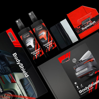 GrizzProtector 4in1 B-pillar black film kit for Skoda Octavia 3 (2017-2020) with sprays, cloth & squeegee.