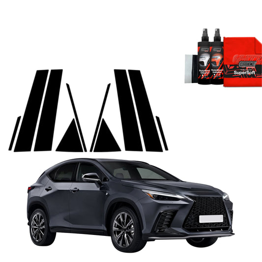 Black Lexus NX 350h with GrizzProtector 10in1 schwarze Schutzfolie for A/B/C pillar, car care kit & cloth, on white.