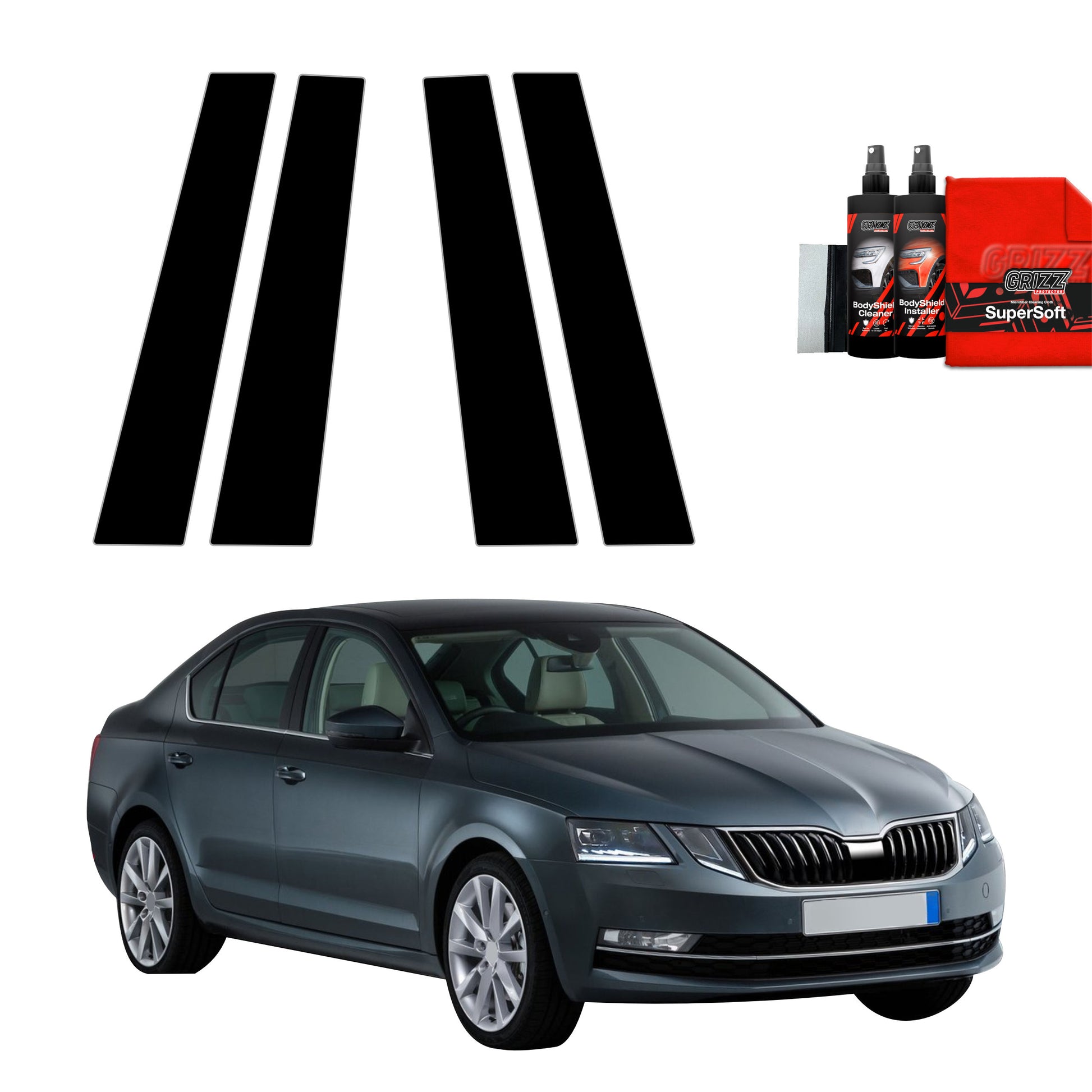 GrizzProtector 4in1 schwarze B-Säulen-Schutzfolie für Skoda Octavia 3 (2017-2020) vor weißem Hintergrund.