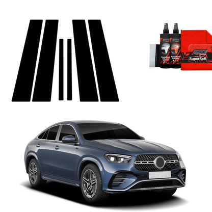 GrizzProtector 6in1 B-C-Säule Black Kit on a grey Mercedes GLE 450d (2023-2025), white background, racing stripes.