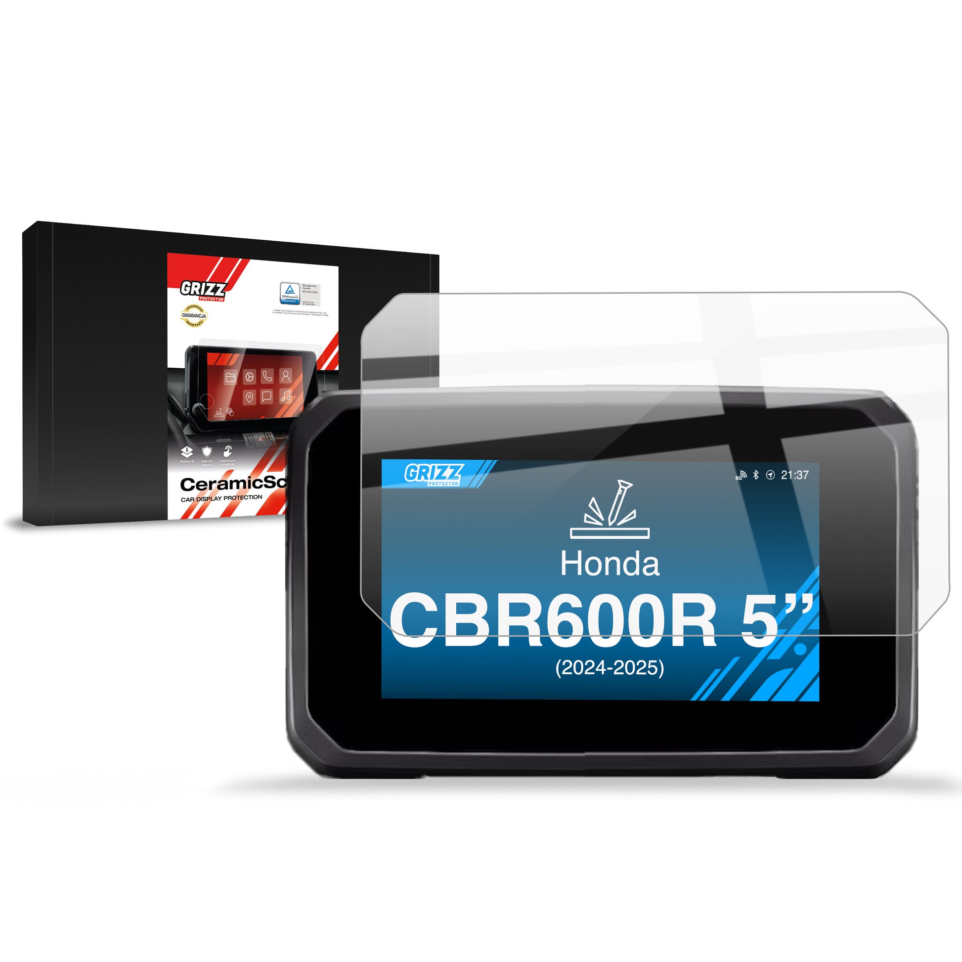 A GrizzProtector Displayschutzfolie für Honda CBR600R 5" (2024-2025) is shown beside its packaging box.