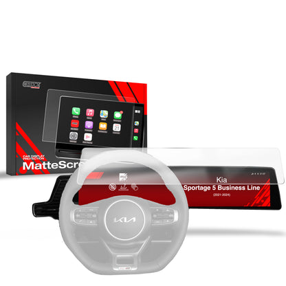 A Kia steering wheel with a GrizzProtector matte anti-fingerprint display protector for Sportage 5 in the background.