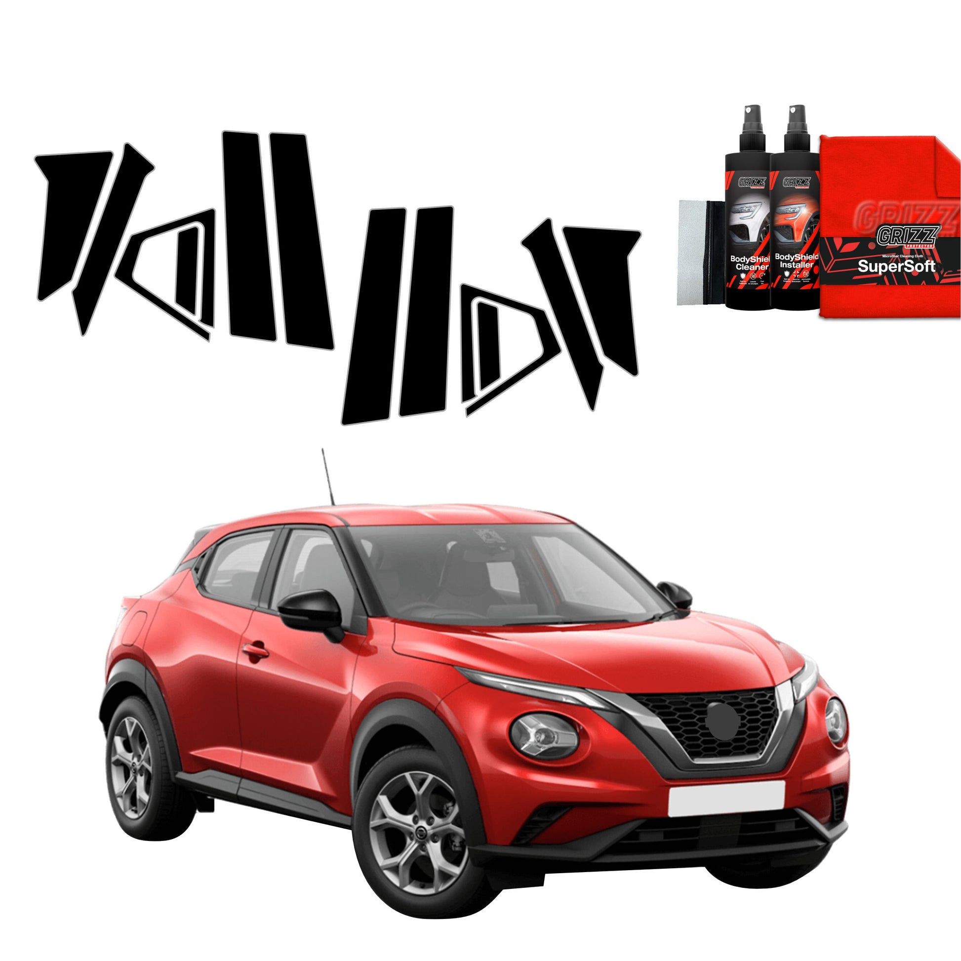 Red Nissan Juke Facelift (2024-2025) with GrizzProtector 10in1 B-Säule Schwarze Schutzfolie displayed above it.