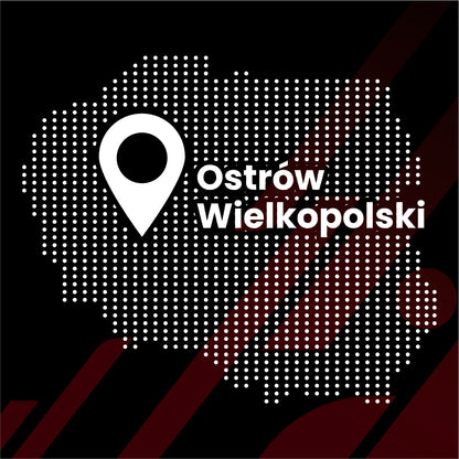 A dotted map of Poland with a pin and "Ostrow Wielkopolski" on GrizzProtector’s 10in1 B-Säule Schutzfolie (Juke 2024-25).